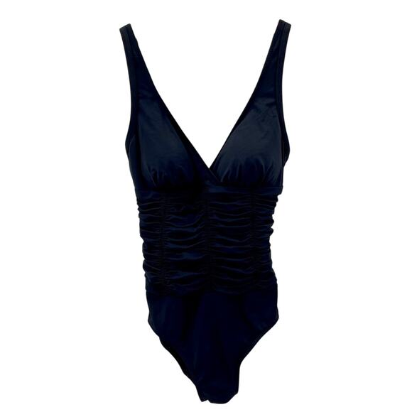 Badgley Mischka Black Ruched Adjustable Strap Old Money One Piece Swimsuit 6 - Picture 1 of 9